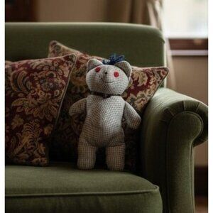 Vintage Handmade Plaid Fabric Teddy Bear 16" With Navy Bow‎ & Red Features